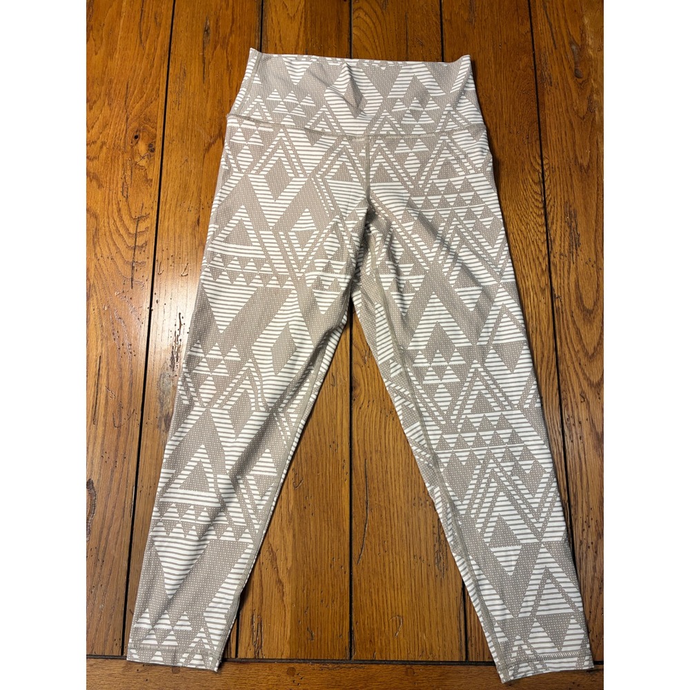 Aerie Chill Play Move Leggings Large Tan White Geometric Diamond Print Cropped